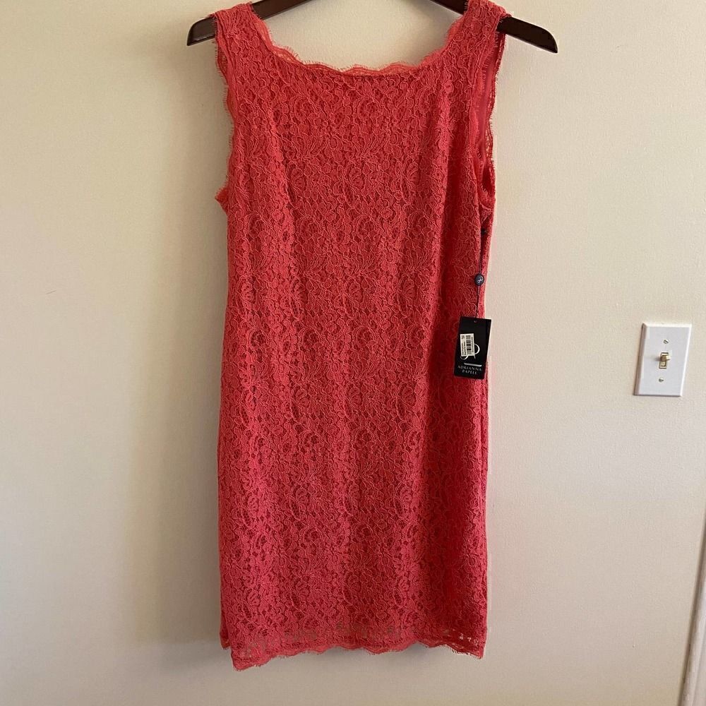 NEW Adrianna Papell Coral Pink Sleeveless Lace Sheath Dress Size 14
